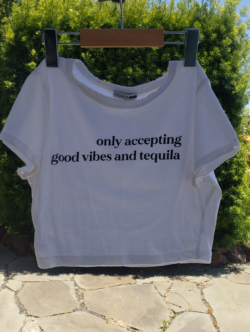 Fashion Nova White Graphic Tee with Black Text